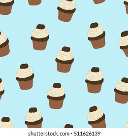 Seamless pattern with hand drawn and painted cupcakes. Vector graphic. Beautiful delicious sweets for girls. Creamy cakes illustration. Blue background. 