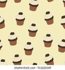 Seamless pattern with hand drawn and painted cupcakes. Vector graphic. Beautiful delicious sweets for girls. Creamy cakes illustration. Yellow background. 
