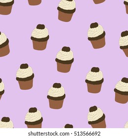 Seamless pattern with hand drawn and painted cupcakes. Vector graphic. Beautiful delicious sweets for girls. Creamy cakes illustration. Purple background. 
