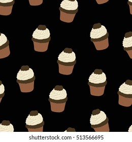 Seamless pattern with hand drawn and painted cupcakes. Vector graphic. Beautiful delicious sweets for girls. Creamy cakes illustration. Black background. 