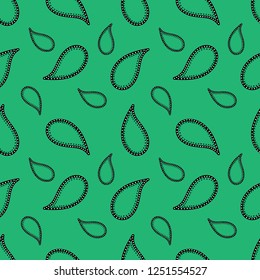 Seamless pattern with hand drawn paisley on a green background . Vector illustration. Great for fabric, textile.