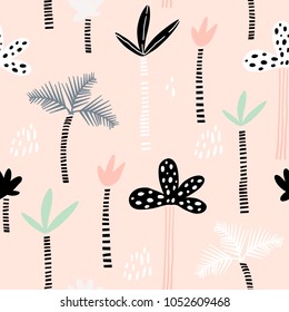 Seamless pattern with hand drawn palm trees. Creative summer modern texture for fabric, wrapping, textile, wallpaper, apparel. Vector illustration
