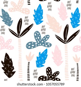 Seamless pattern with hand drawn palm trees. Creative summer modern texture for fabric, wrapping, textile, wallpaper, apparel. Vector illustration