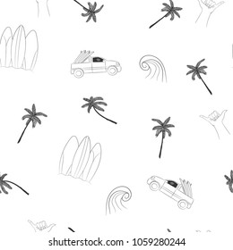 Seamless pattern: hand drawn palm trees, waves, pickup from surfboard. Vector illustration. 