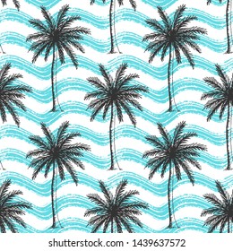 Seamless pattern with hand drawn palm trees and blue wavy brush strokes.