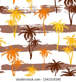 Seamless pattern with hand drawn palm tree silhouette on strip background. Tropical coconut for t-shirt prints. Tropical nature element. Vector Illustration