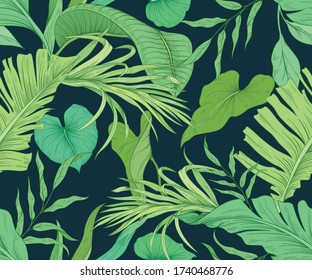 Seamless pattern with hand drawn palm leaves