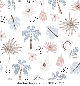 Seamless pattern with hand drawn palm trees, florals,pineapples. Creative summer modern texture for fabric, wrapping, textile, wallpaper, apparel. Vector illustration