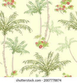 Seamless pattern with hand drawn palm trees and flowers. Vector illustration