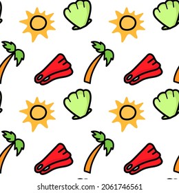 Seamless pattern with hand drawn palm tree, seashell, sun and diving flippers. vector summer elements.
