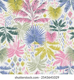 Seamless pattern of hand drawn palm trees. Summer colorful pastel ethnic theme illustration all over print to use textile, fabric, wallpaper, clothing, fashion, background, packaging, gift wrap vector