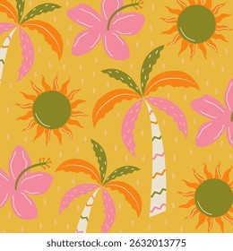 Seamless pattern with hand drawn palm trees, hibiscus flowers, and suns. Tropical retro summer wallpaper. Vibrant bohemian coastal Print for decor, fabric, wall art, wrapping paper, artworks.	