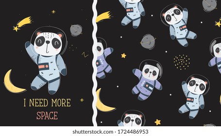 Seamless pattern of hand drawn panda with space concept and card design with astronaut of panda