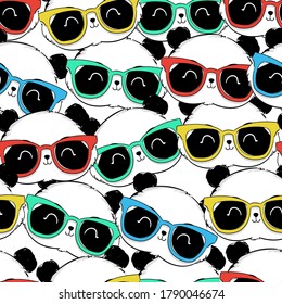 Seamless pattern hand drawn panda with glasses. Textile print design. Vector illustration cute panda bear background