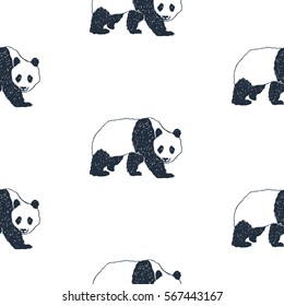 Seamless pattern with hand drawn panda vector illustration. White background.