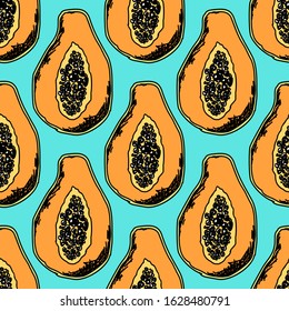 Seamless pattern of hand drawn papaya, slice, half with seeds, tropical fruit