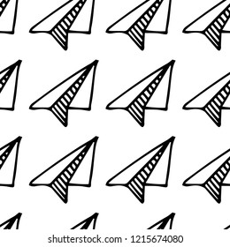 Seamless pattern hand drawn paper airplane. Doodle black sketch. Sign symbol. Decoration element. Isolated on white background. Flat design. Vector illustration.