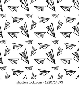 Seamless pattern hand drawn paper airplane. Doodle black sketch. Sign symbol. Decoration element. Isolated on white background. Flat design. Vector illustration.