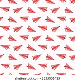 Seamless pattern of hand drawn paper planes with hearts on isolated background. Design for Valentine’s Day, wedding and mother’s day celebration, greeting card, home decor, wrapping, scrapbooking.