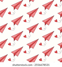 Seamless pattern of hand drawn paper planes with hearts on isolated background. Design for Valentine’s Day, wedding and mother’s day celebration, greeting card, home decor, wrapping, scrapbooking.