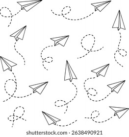 Seamless pattern of hand drawn paper airplanes flying with dotted trails on a white background