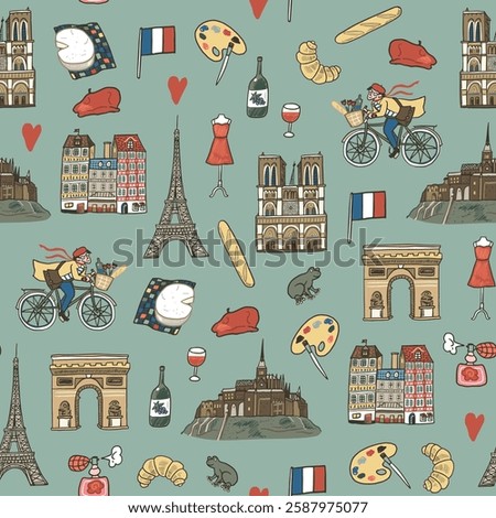 Seamless pattern with hand drawn Paris elements. Vector illustration.