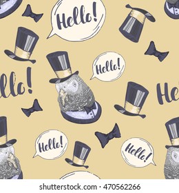 Seamless pattern with hand drawn parrot, vector illustration