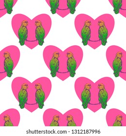 Seamless pattern with hand drawn parrots and pink hearts