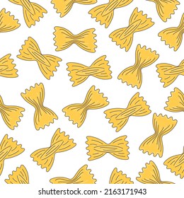 Seamless pattern with hand drawn pasta farfalle with on a white background. Doodle, simple outline illustration. It can be used for decoration of textile, paper and other surfaces.