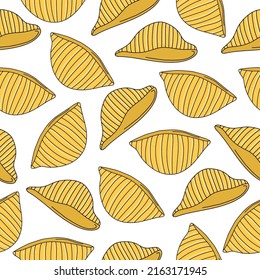 Seamless pattern with hand drawn pasta conchiglie with on a white background. Doodle, simple outline illustration. It can be used for decoration of textile, paper and other surfaces.