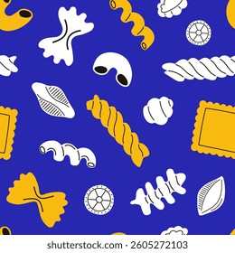 Seamless pattern with hand drawn pasta. Colourful background for restaurant, menu and decorative cards with Italian macaroni in cartoon style.