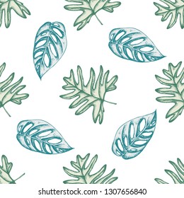 Seamless pattern with hand drawn pastel philodendron
