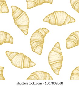 Seamless pattern with hand drawn pastel croissants and bread