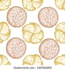 Seamless pattern with hand drawn pastel buns and bread