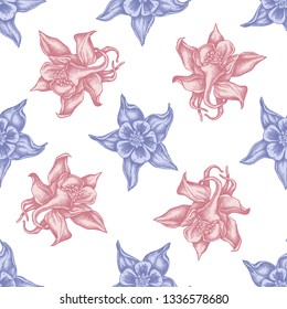 Seamless pattern with hand drawn pastel aquilegia