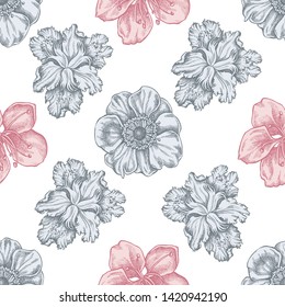 Seamless pattern with hand drawn pastel anemone, iris japonica, sakura