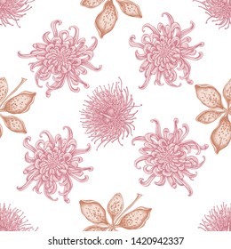 Seamless pattern with hand drawn pastel japanese chrysanthemum, blackberry lily, eucalyptus flower
