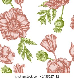 Seamless pattern with hand drawn pastel poppy flower