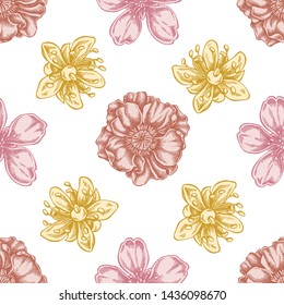 Seamless pattern with hand drawn pastel almond, poppy flower, tilia cordata