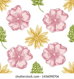 Seamless pattern with hand drawn pastel dog rose, hop, jerusalem artichoke