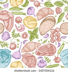 Seamless pattern with hand drawn pastel garlic, cherry tomatoes, peas, fish, shrimp, cabbage, beef, buns and bread, croissants and bread, basil, rosemary
