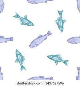 Seamless pattern with hand drawn pastel fish