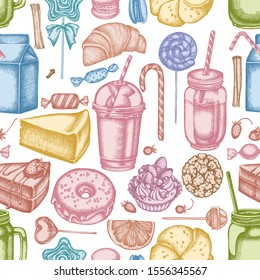 Seamless pattern with hand drawn pastel cinnamon, macaron, lollipop, bar, candies, oranges, buns and bread, croissants and bread, strawberry, milk boxes, smoothie cup, lollipop, smothie jars