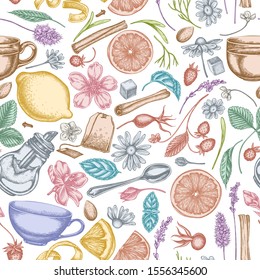 Seamless pattern with hand drawn pastel cinnamon, lemons, oranges, tea bag, sugar cubes, heather, chamomile, dog rose, peppermint, almond, strawberry, teaspoon, teapots, cups, sugar bowl