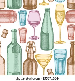 Seamless pattern with hand drawn pastel glass, champagne, mug of beer, alcohol shot, bottles of beer, bottle of wine, glass of champagne, glass of wine, glass of martini, aluminum can