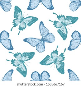 Seamless pattern with hand drawn pastel papilio ulysses, morpho menelaus, morpho rhetenor cacica