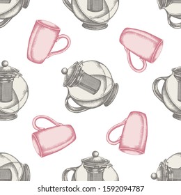 Seamless pattern with hand drawn pastel teapots, cups