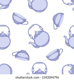 Seamless pattern with hand drawn pastel teapots, cups