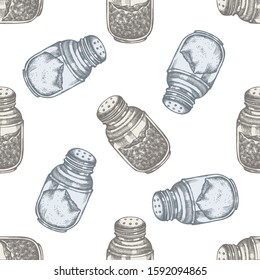 Seamless pattern with hand drawn pastel pepper shaker, salt shaker