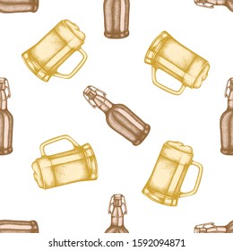 Seamless pattern with hand drawn pastel mug of beer, bottles of beer